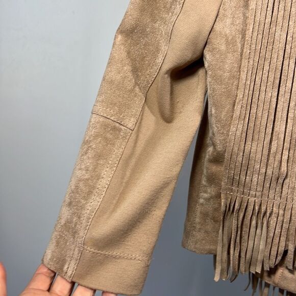 BCBGMAXAZRIA Women’s Reiss Stretch Woven Microsuede Fringe Jacket Tan Size XS - Picture 12 of 16